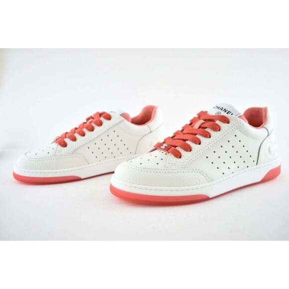 Chanel 22P White Leather Red CC Logo Flat Lace Up Tie Runner Trainer Sneaker 38 - Picture 9 of 12
